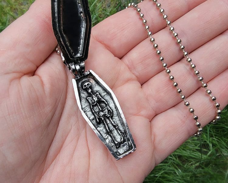 Gothic Jewelry, Coffin Pendant with Skeleton