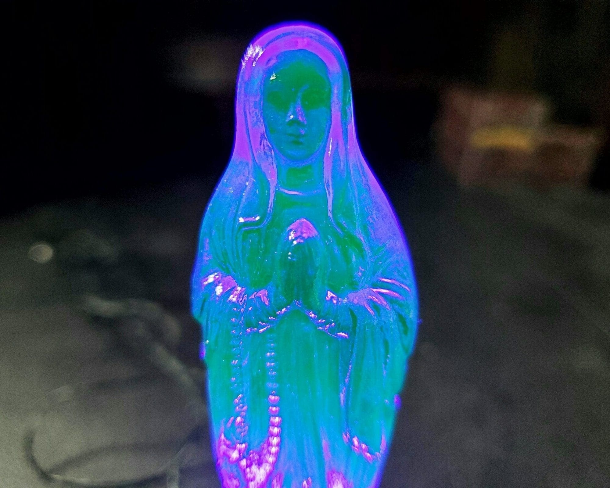 Radioactive Virgin Mary, Vintage Uranium Glass Figurine, Vaseline Glass