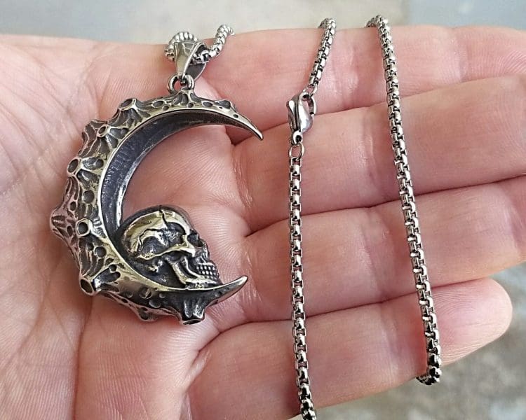 Skull and Moon Necklace, Skull Moon Pendant, Gothic Jewelry