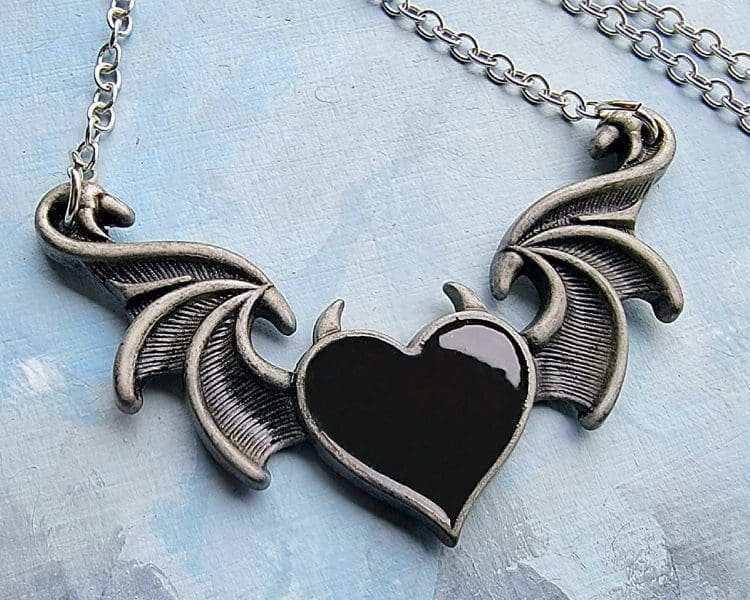 Gothic Jewelry, Black Heart Necklace, Winged Heart Necklace