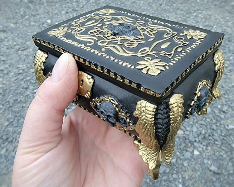 Black and Gold Skull Jewelry Box, Gothic Decor Oddities For Sale has