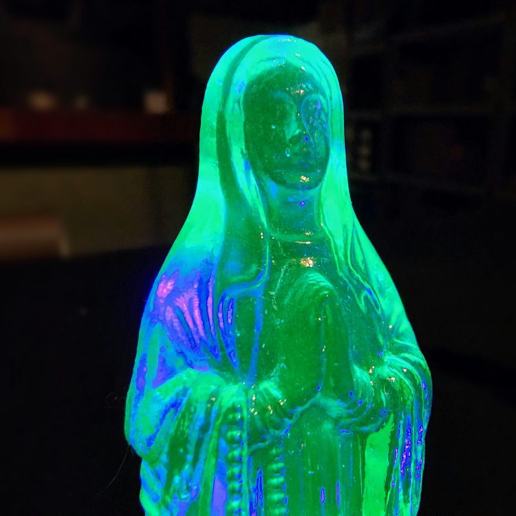 Uranium Glass Virgin Mary, Uranium Glass Figurine, Vaseline Glass Figure, Haunted Items, Haunted Oddities